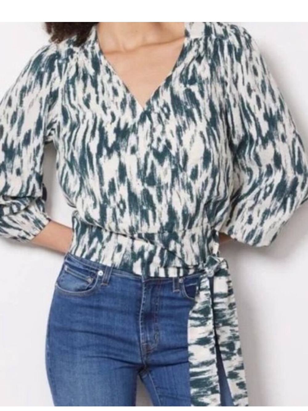 Evereve Green and White Printed Wrap Blouse
